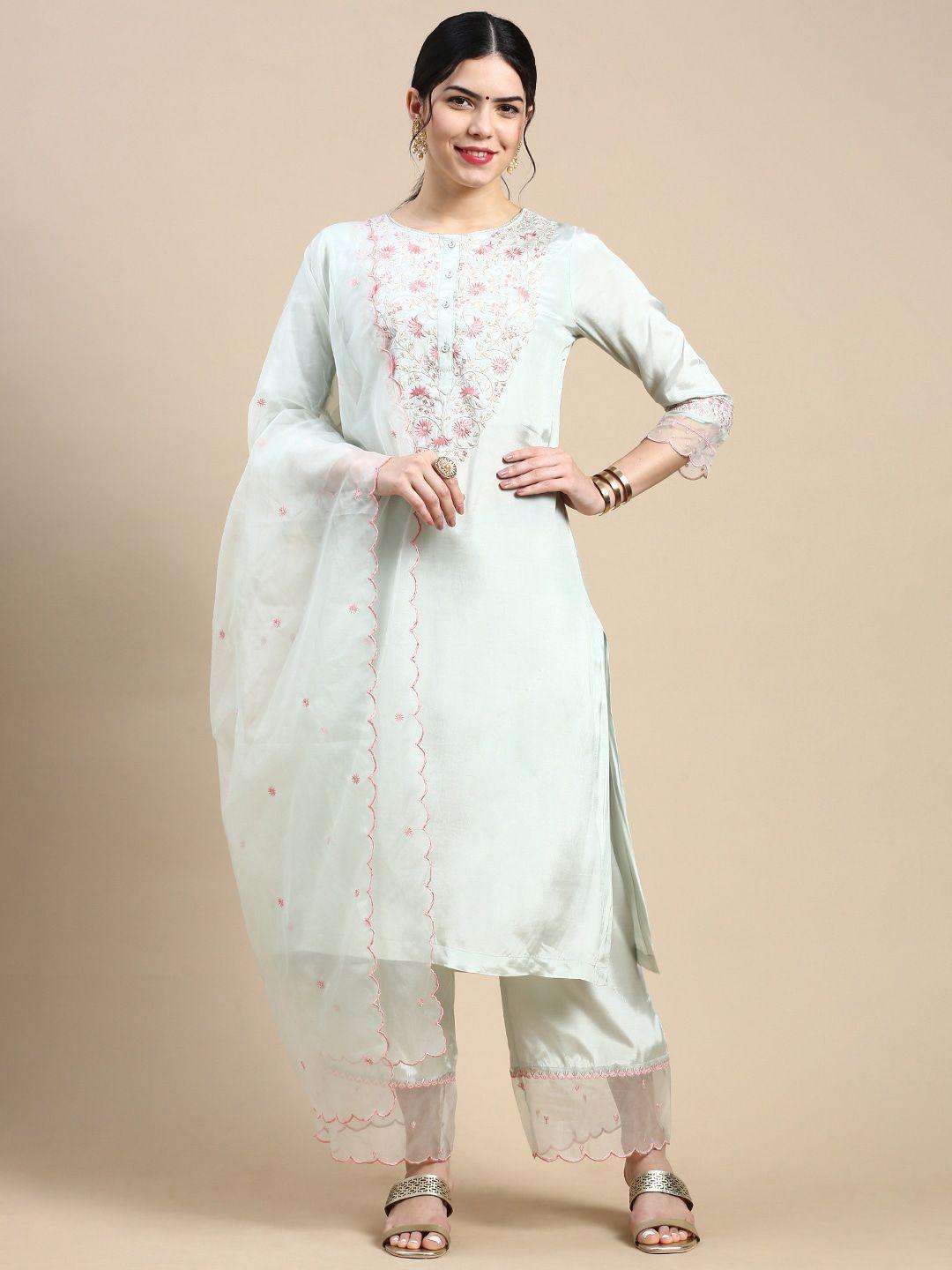 styli blue floral embroidered sequined kurta with trousers & dupatta