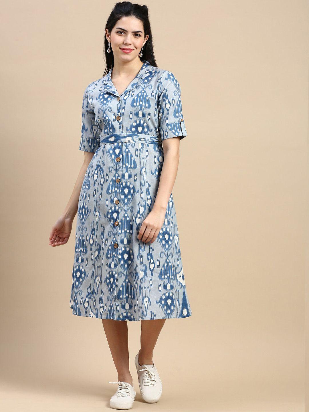 styli blue ikat printed lapel collar roll-up sleeves belted a-line midi ethnic dress