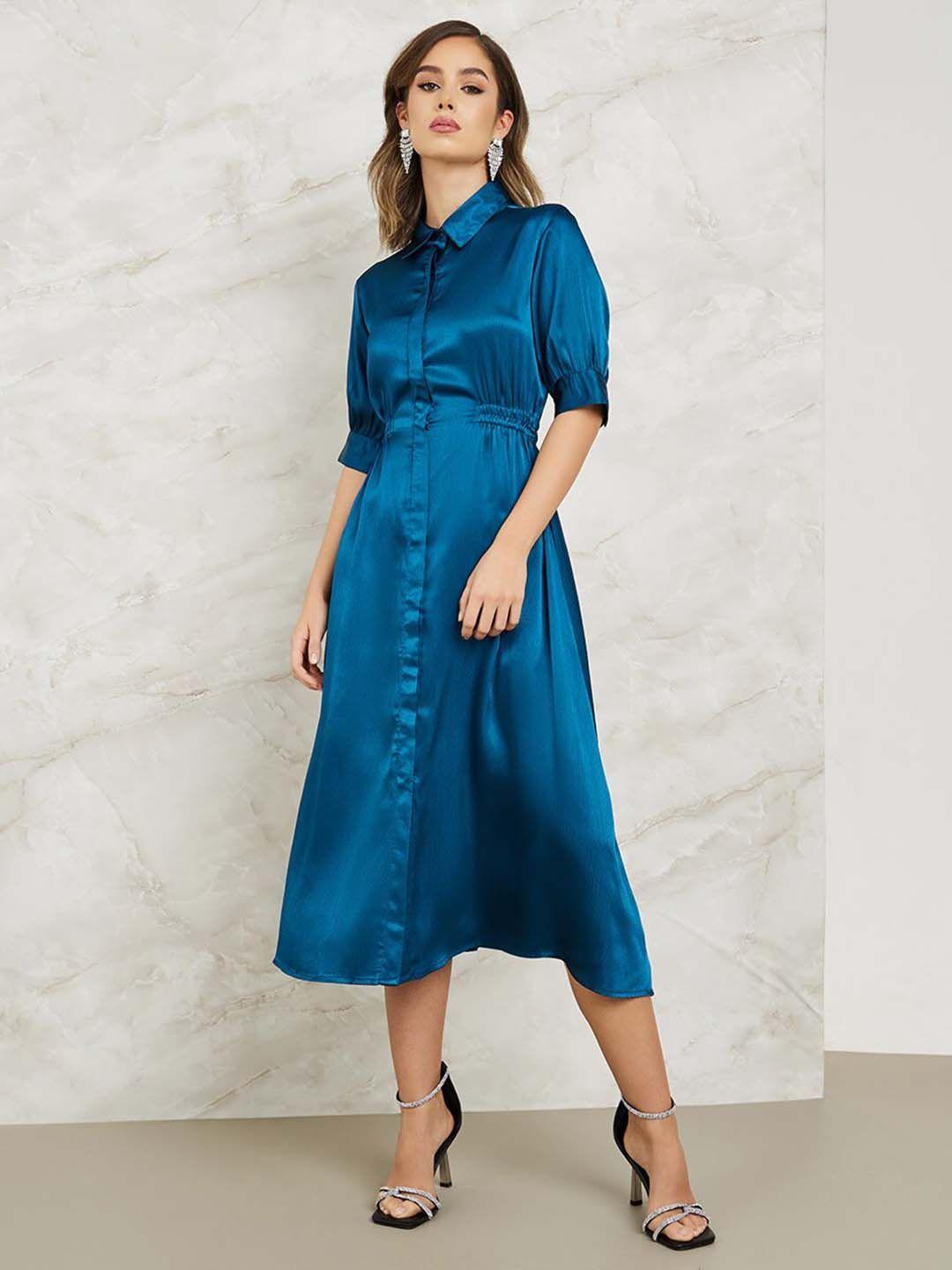 styli blue puff sleeves shirt style midi dress