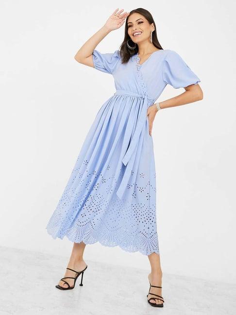 styli blue schiffli insert cut work a-line midi dress