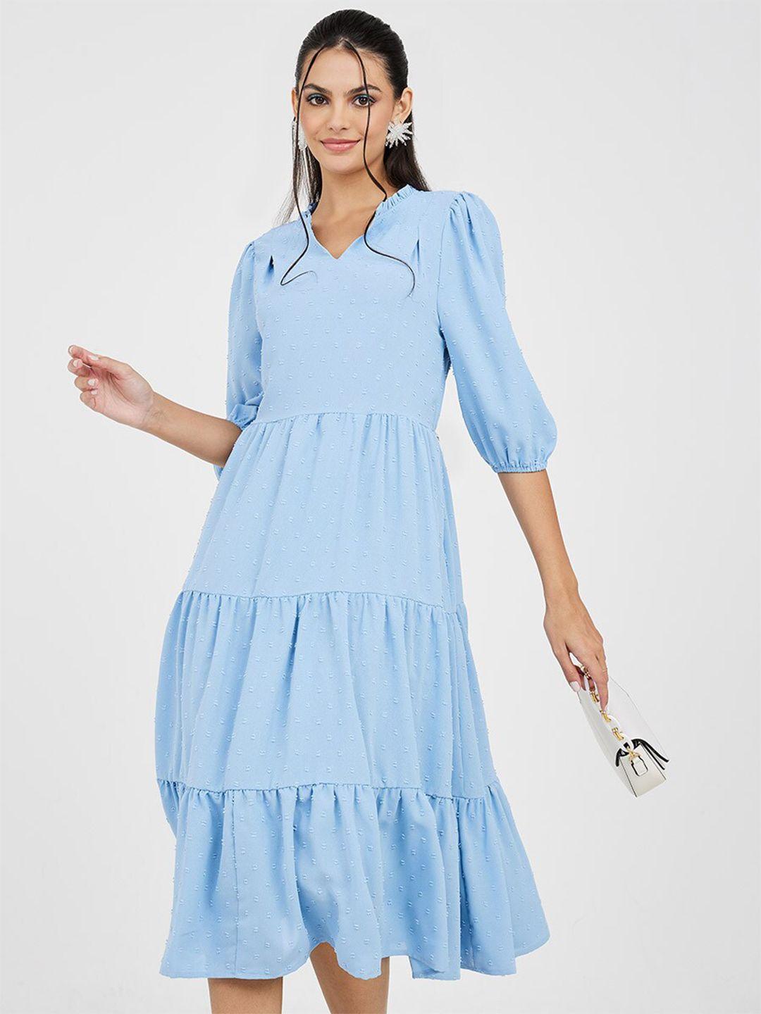 styli blue self design puff sleeves tiered midi dress