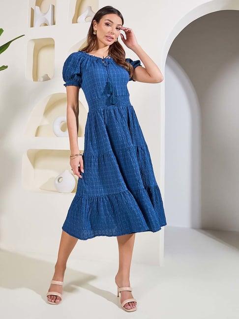 styli blue self pattern peplum dress
