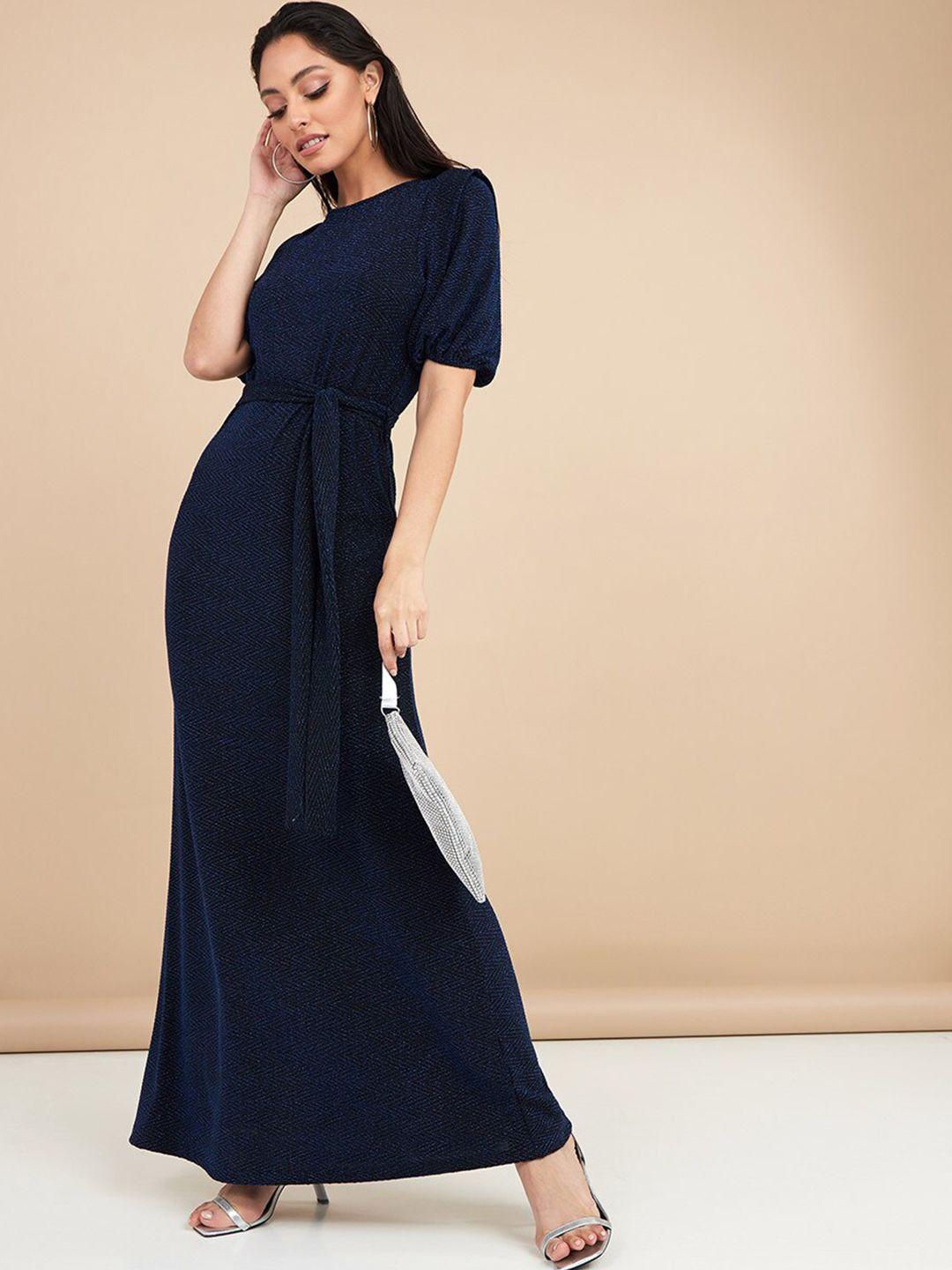 styli blue short sleeves round neck a-line maxi dress with self tie