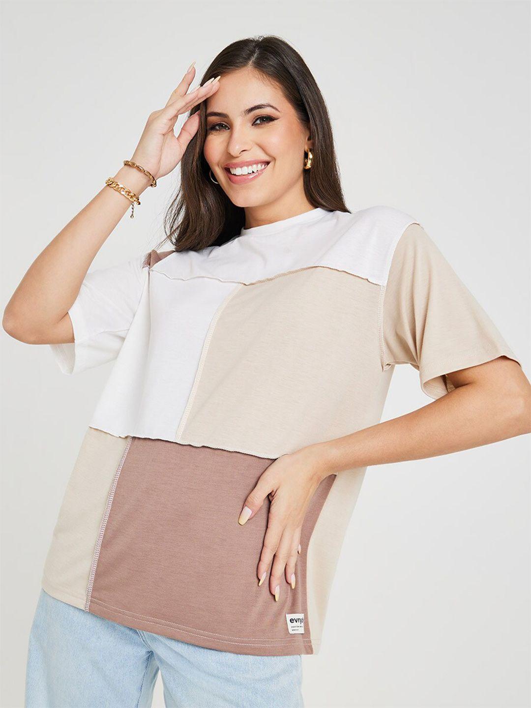 styli brown & beige colourblocked drop-shoulder sleeves oversized t-shirt