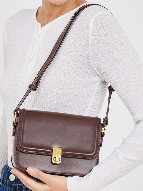 styli brown solid shoulder handbag