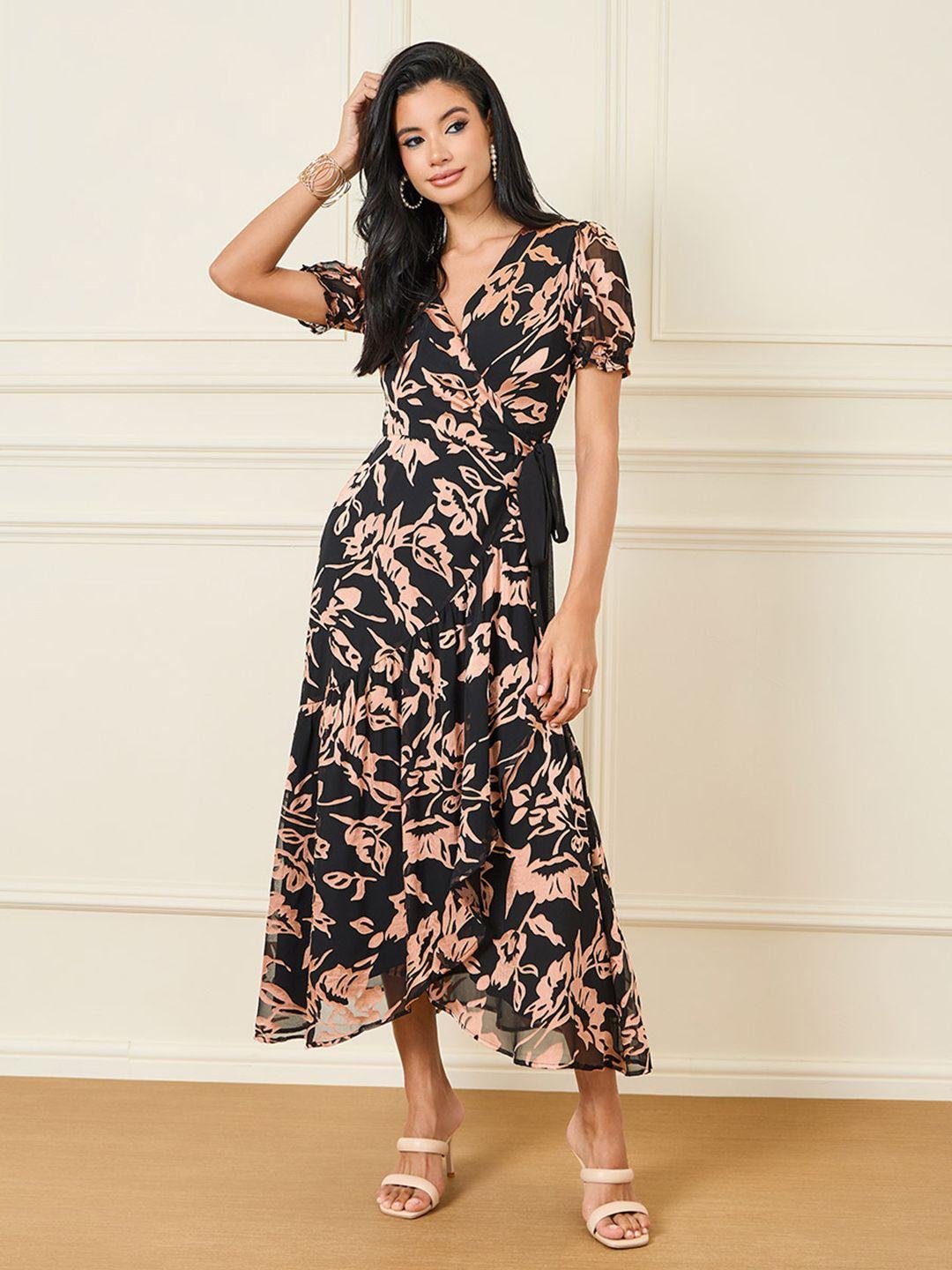 styli burn out floral v-neck puff sleeve wrap dress