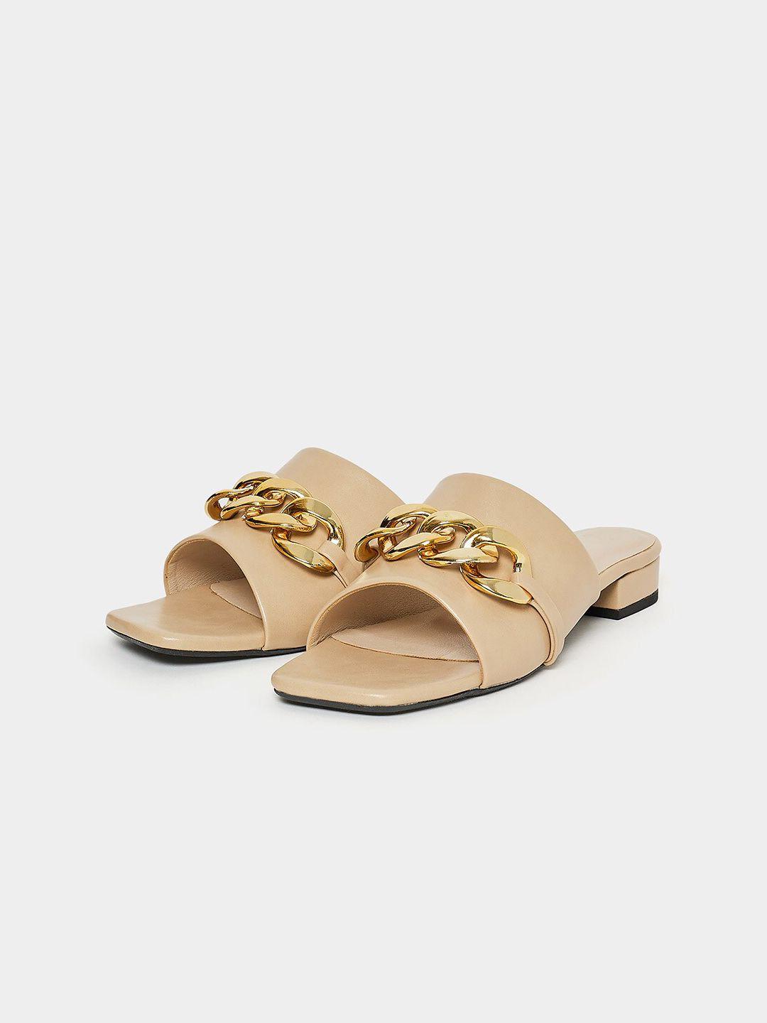 styli cream-coloured & gold-toned embellished open toe mules