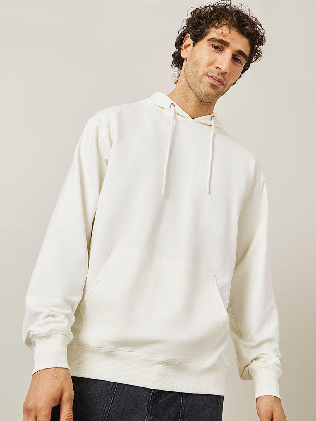 styli cream-coloured  typography printed hooded cotton pullover relaxed fit sweatshirt
