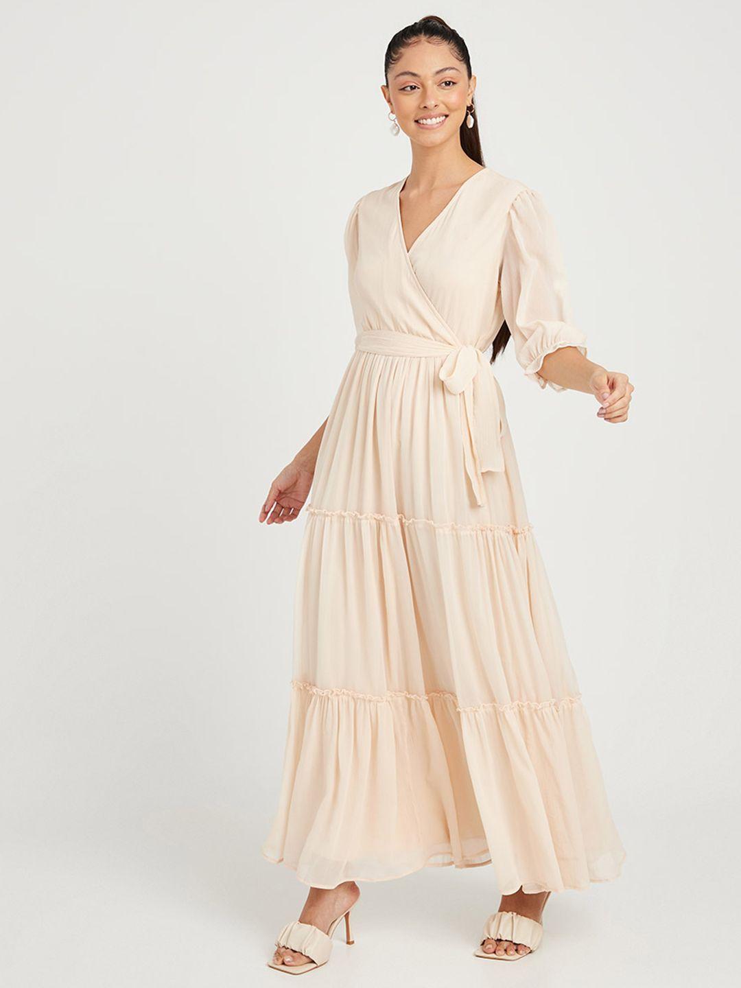 styli cream-coloured v neck tiered maxi dress with waist tie up