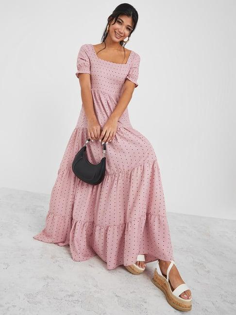 styli cuffed sleeve polka dot print fitted bodice tiered maxi dress