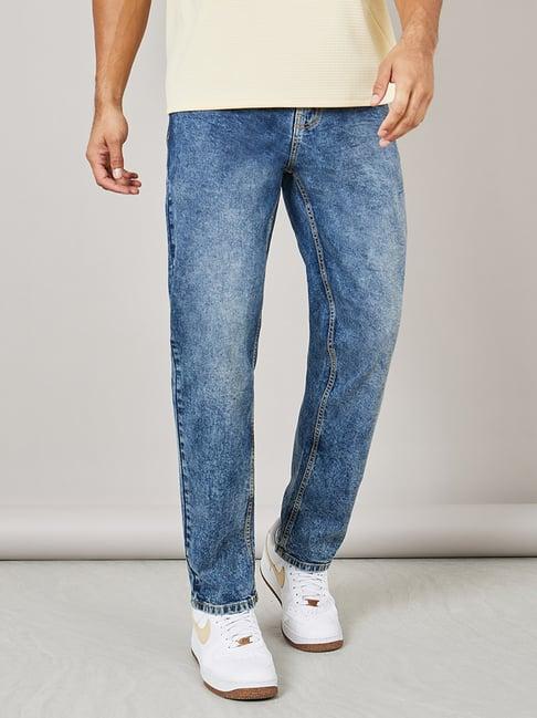 styli dark blue relaxed fit heavily washed jeans