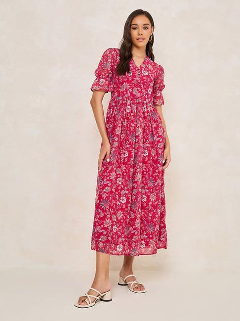 styli dark pink floral print midi dress