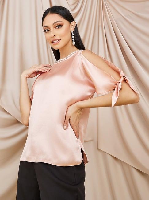 styli embellished round neck satin cold shoulder blouse