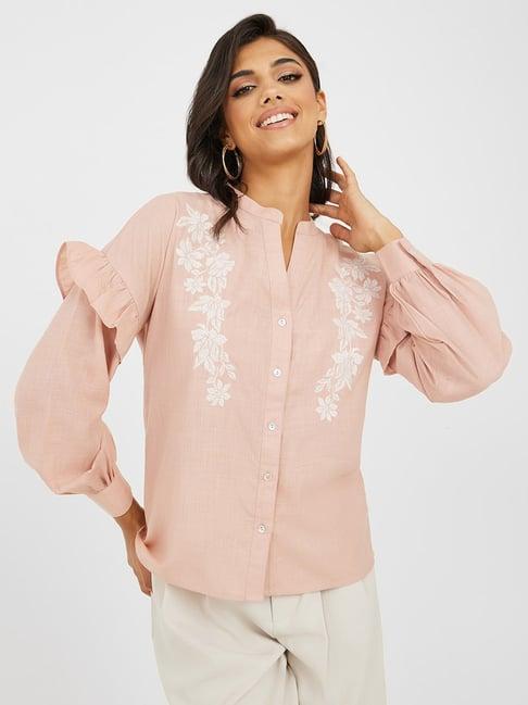 styli embroidered ruffle detail mandarin collar shirt