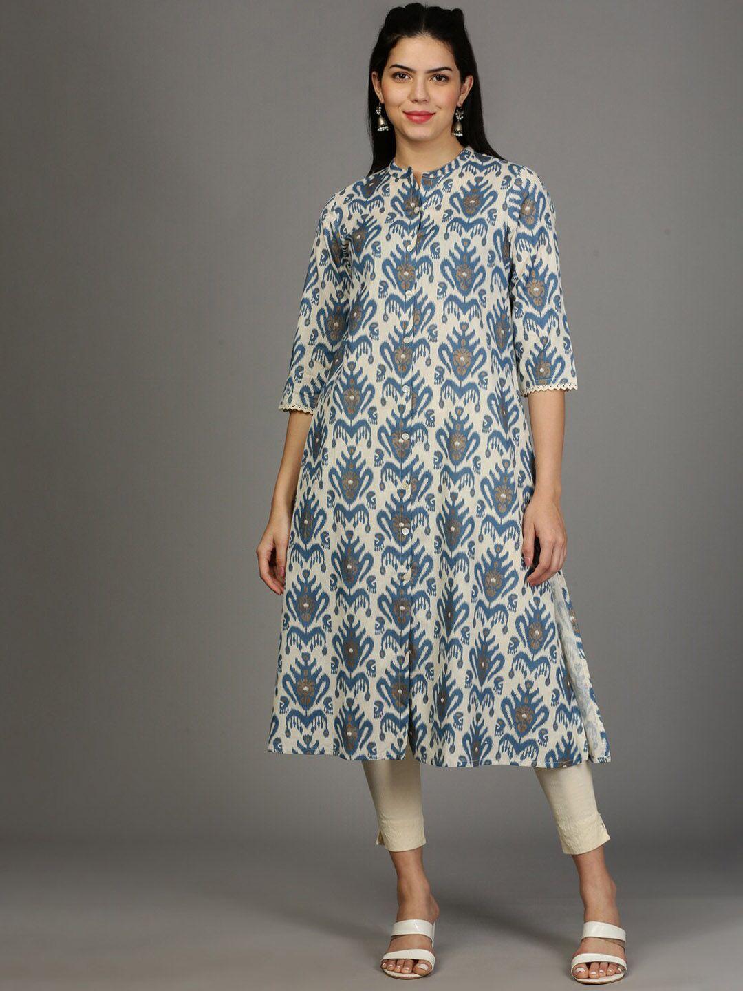 styli ethnic ikat printed mandarin collar a-line kurta