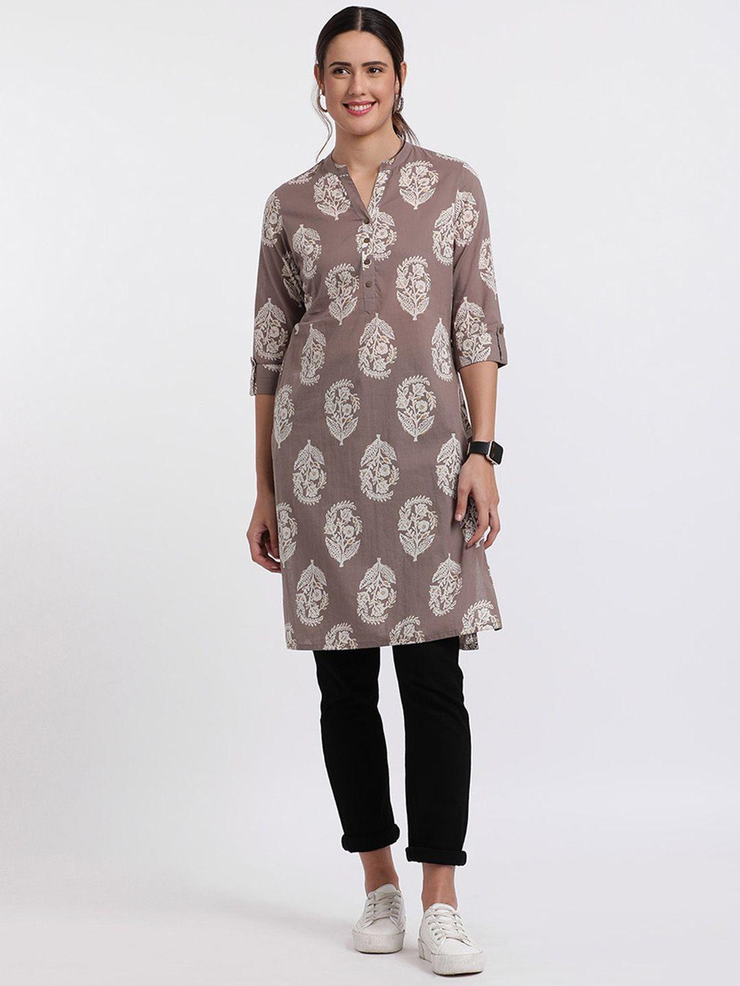 styli ethnic motifs printed band collar cotton kurta