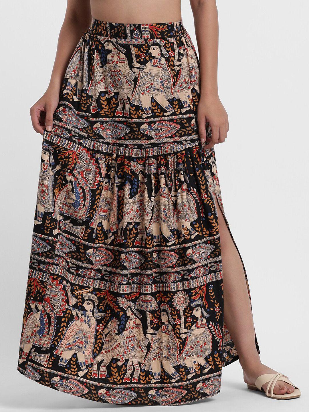 styli ethnic motifs printed cotton maxi flared skirt