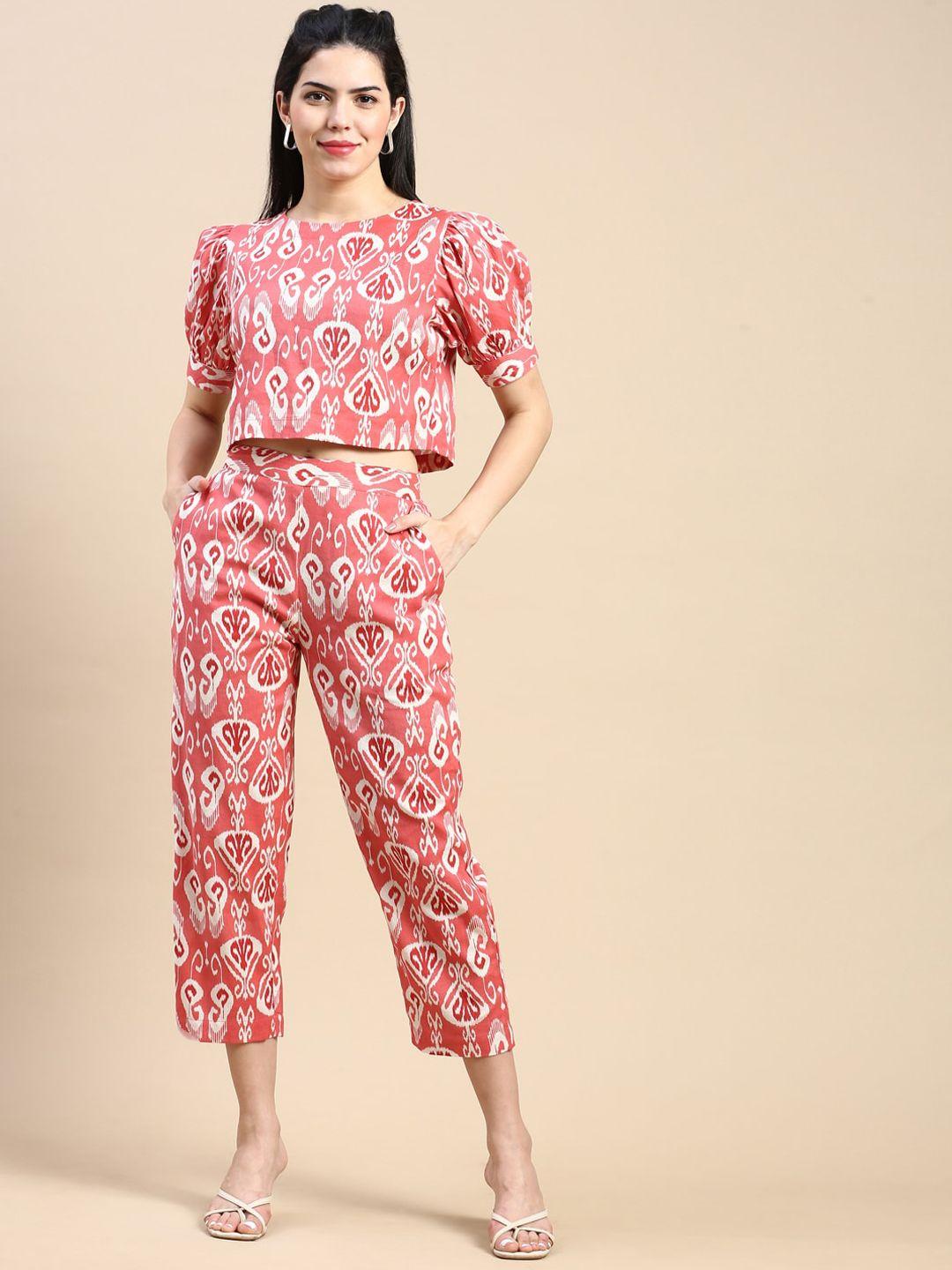 styli ethnic motifs printed round neck puff sleeves top with cropped trouser