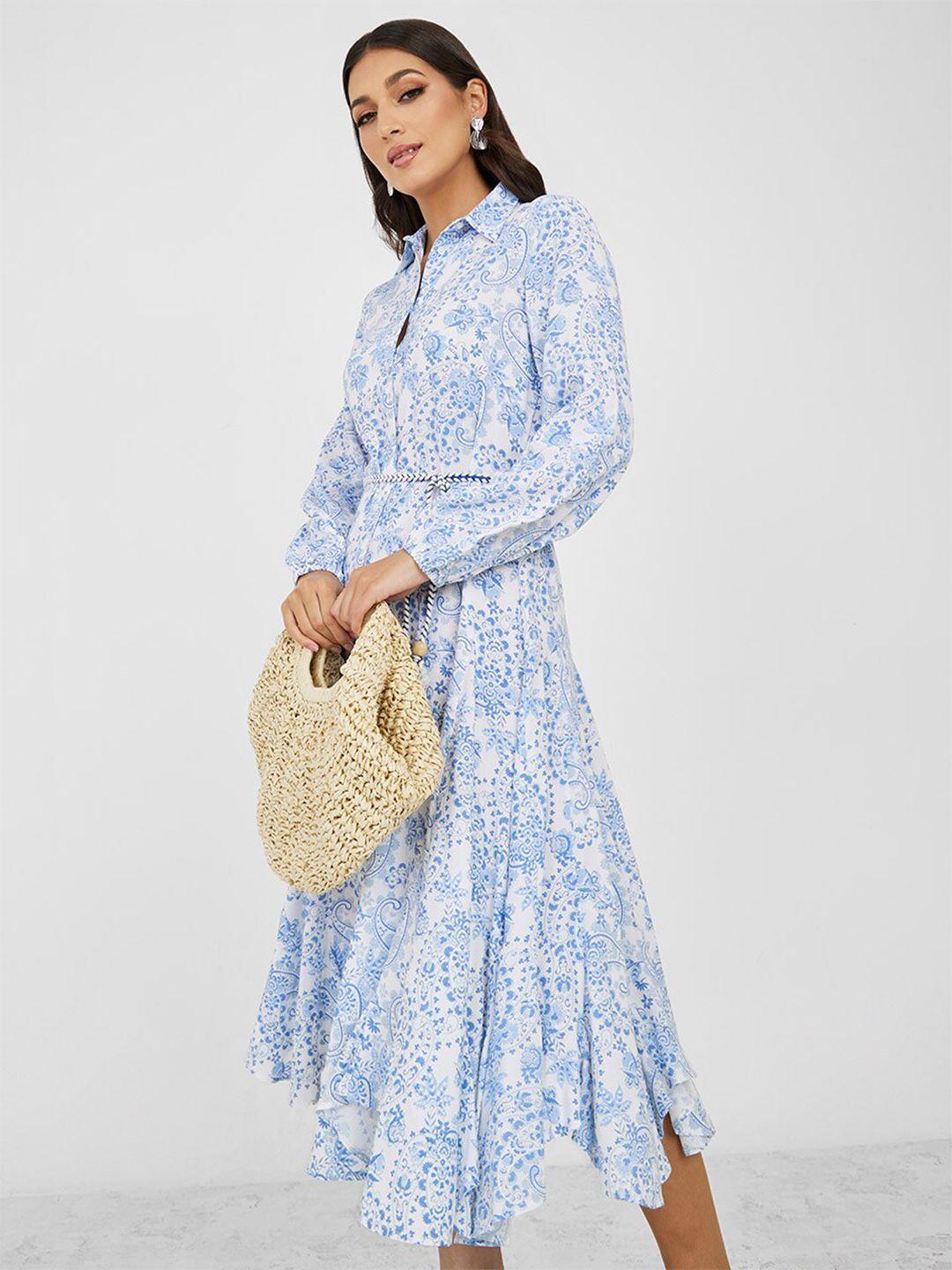 styli ethnic motifs printed shirt midi dress with belt