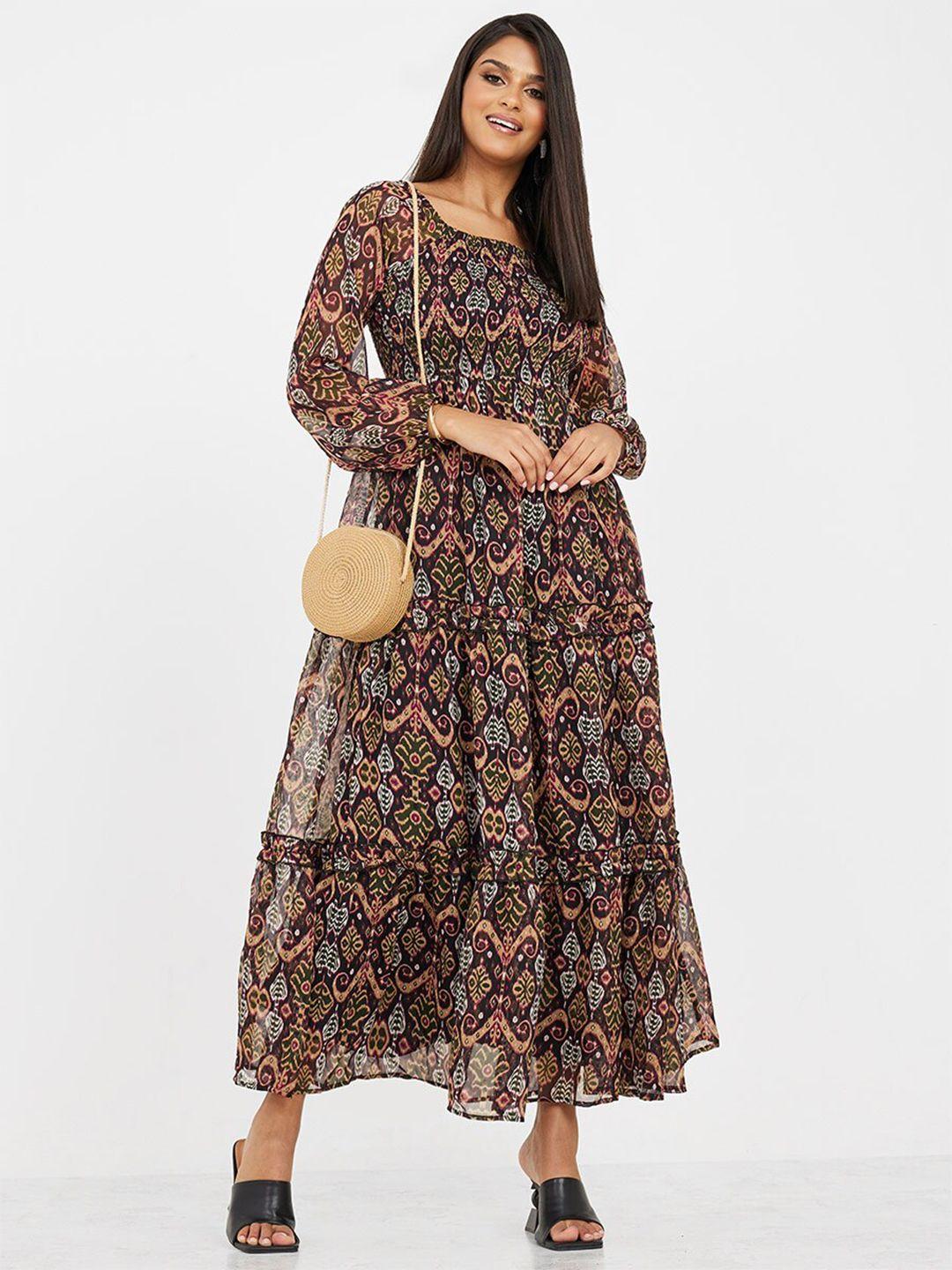 styli ethnic motifs printed square neck tiered smocked puff sleeves maxi dress