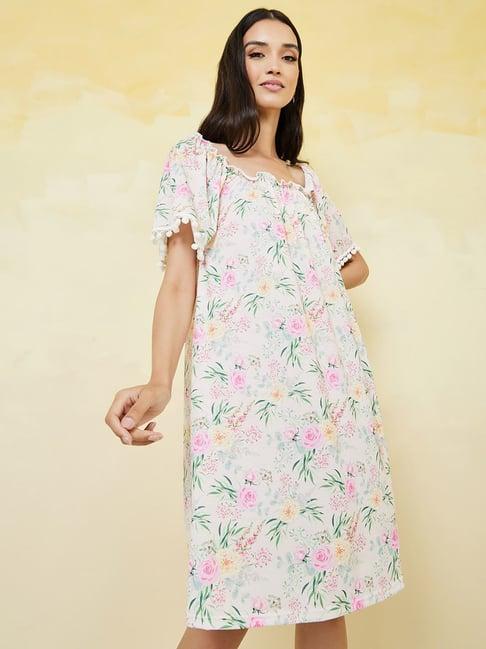 styli floral print pompom trim sleeves nightdress