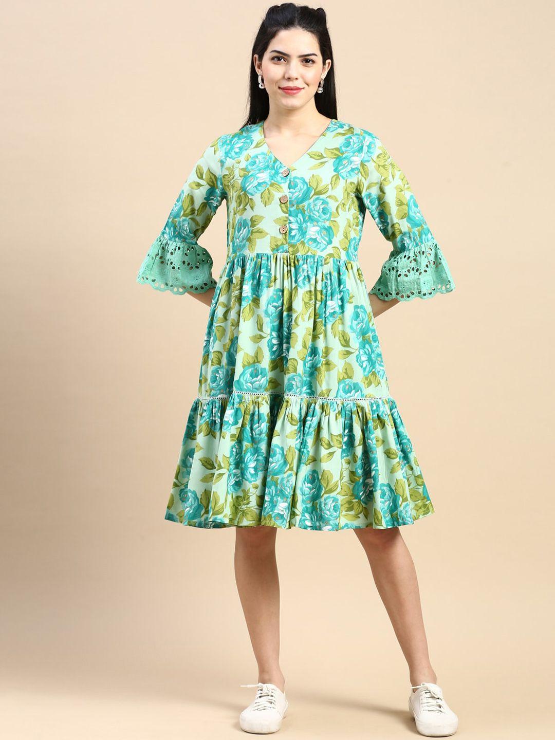 styli floral printed bell sleeves schiffli a-line dress