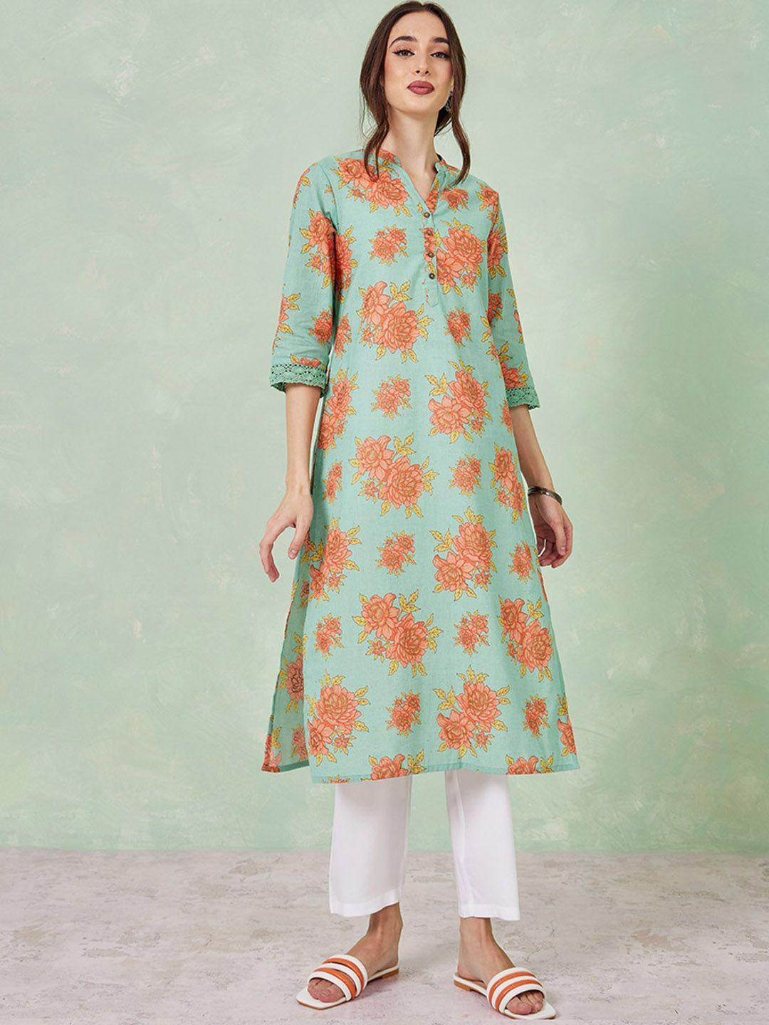 styli floral printed mandarin collar pure cotton straight kurta