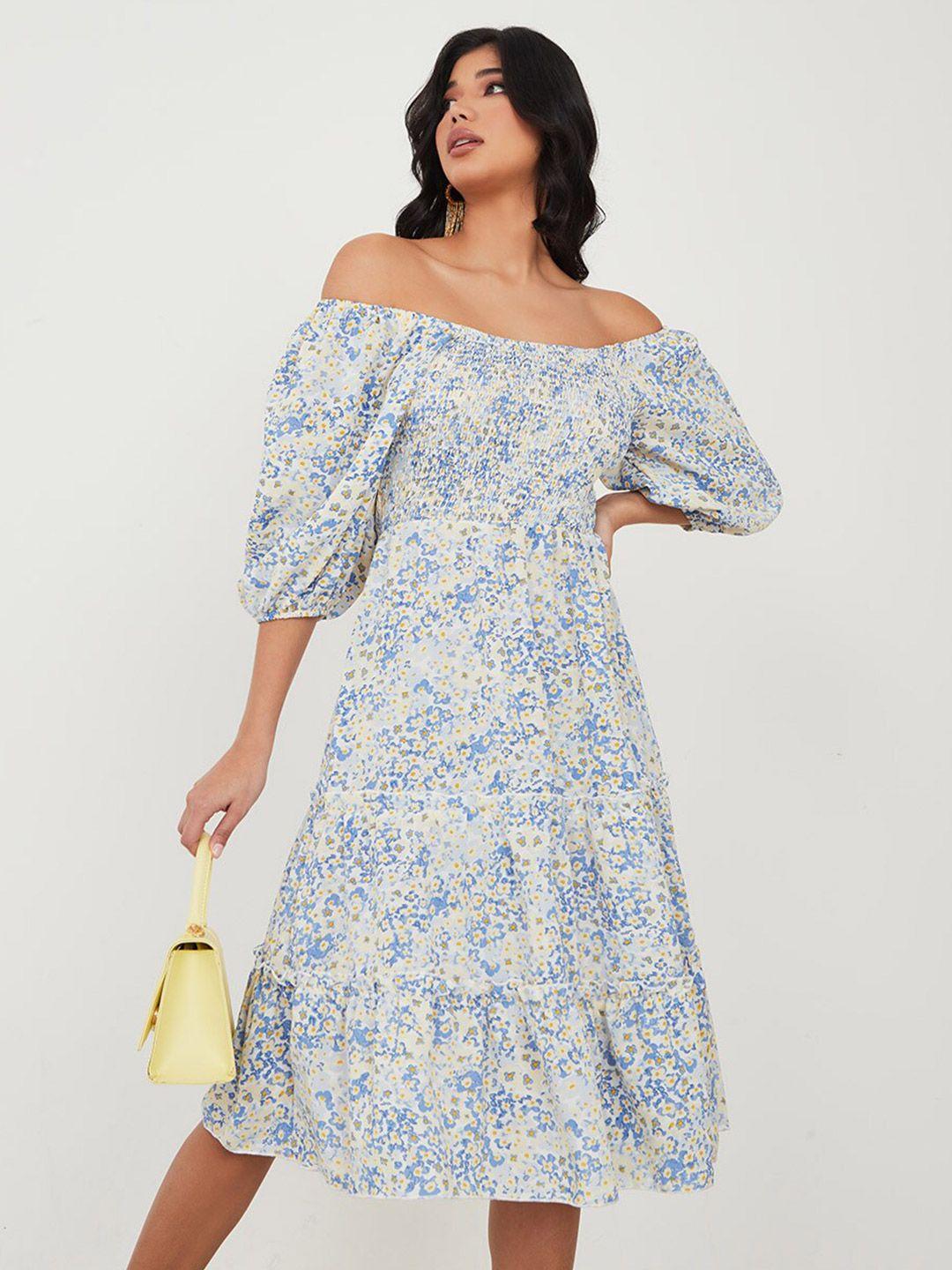 styli floral printed off-shoulder puff sleeves smocked tiered fit & flare dress