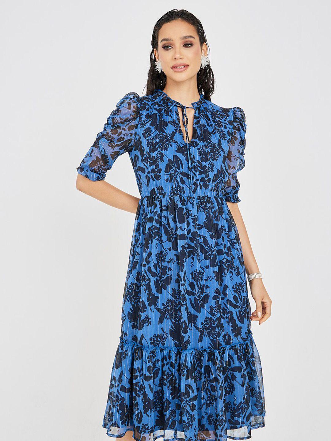 styli floral printed puff sleeves tie-up neck smocked & tiered fit and flare midi dress