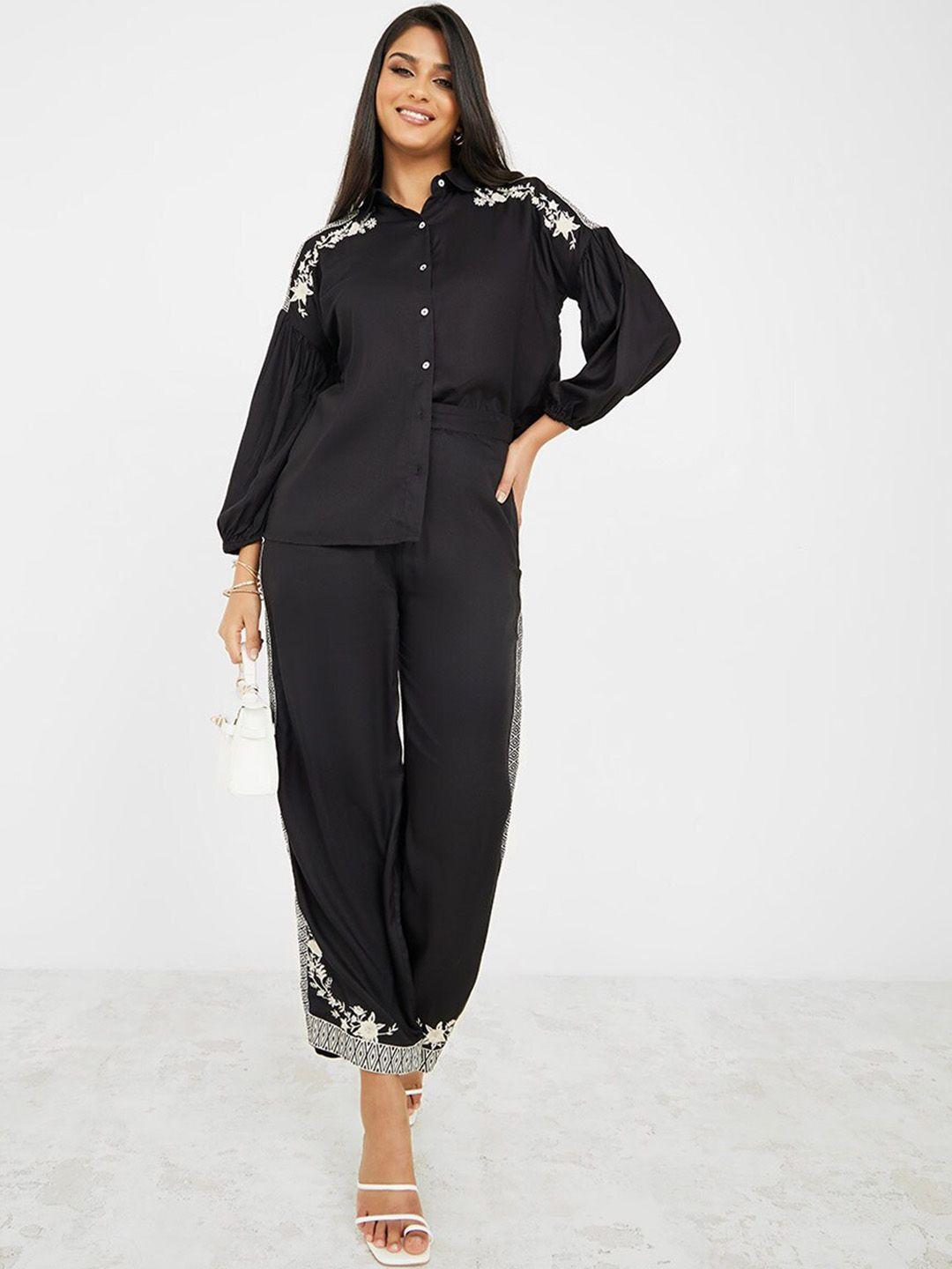 styli floral shadow work embroidered shirt with trousers co-ords