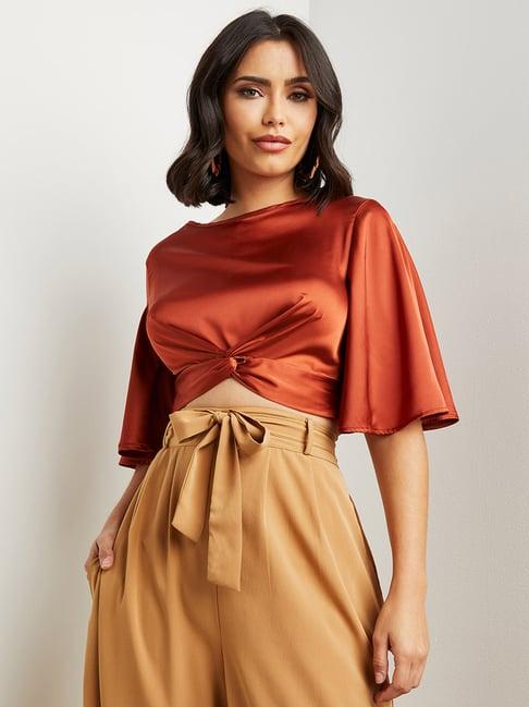 styli flute sleeve twist hem satin crop top