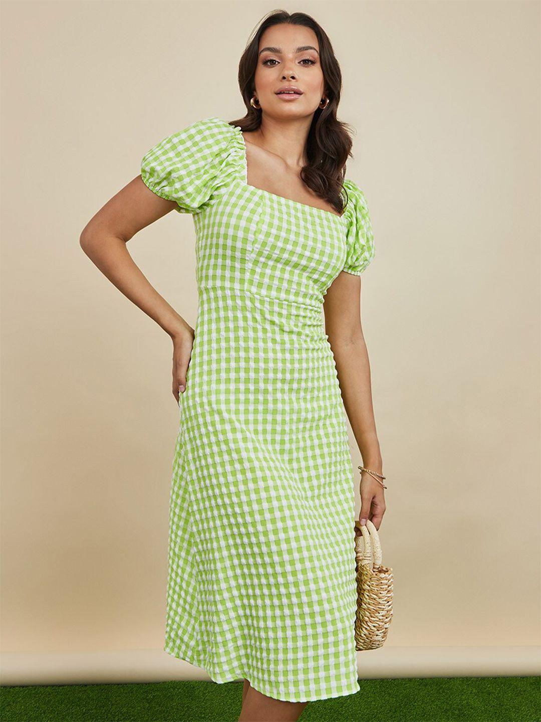 styli green checked a-line dress