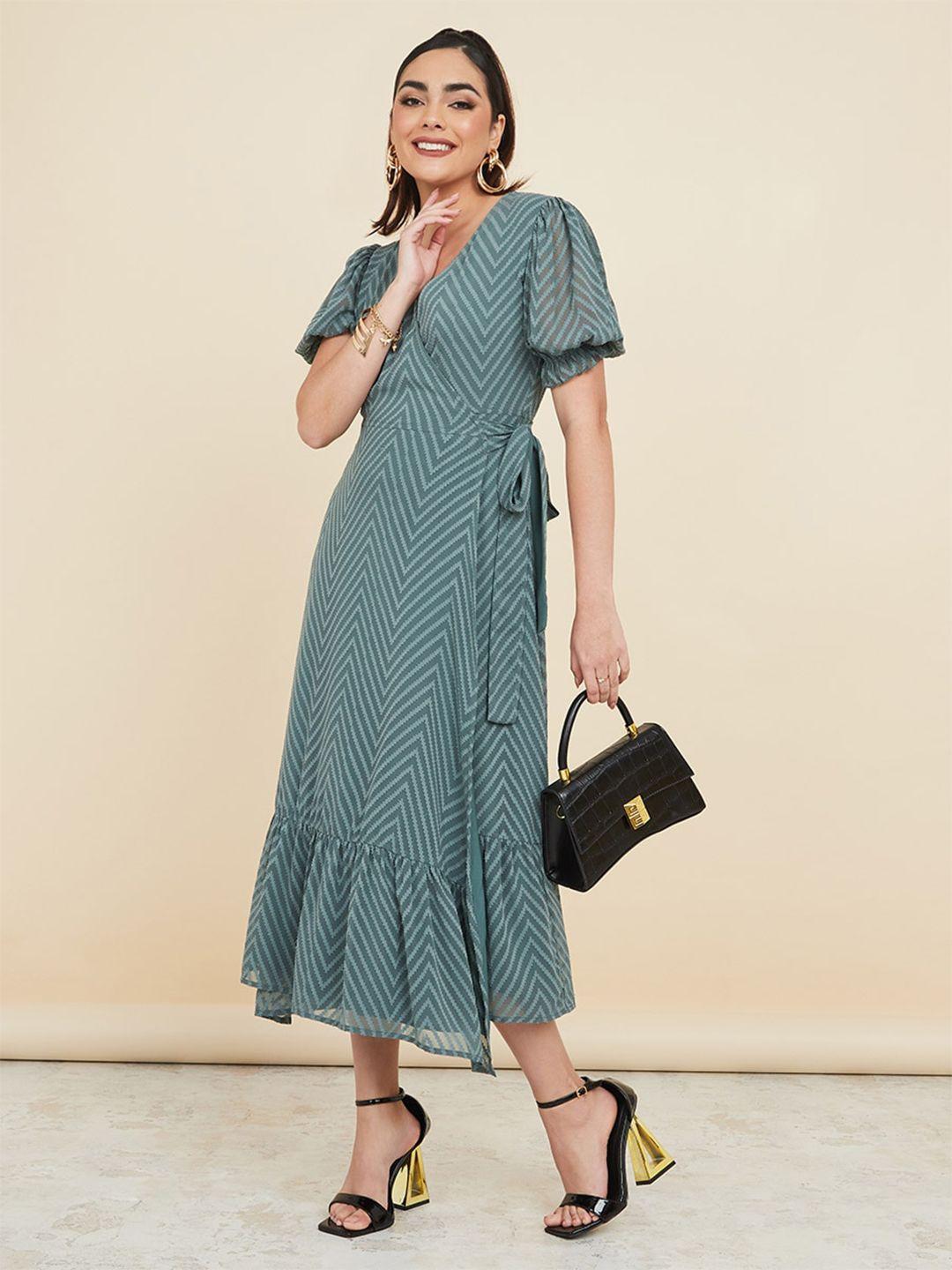 styli green chevron printed puff sleeves midi wrap dress