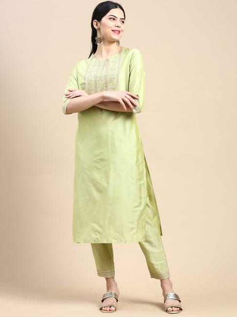 styli green embroidered kurta pant set