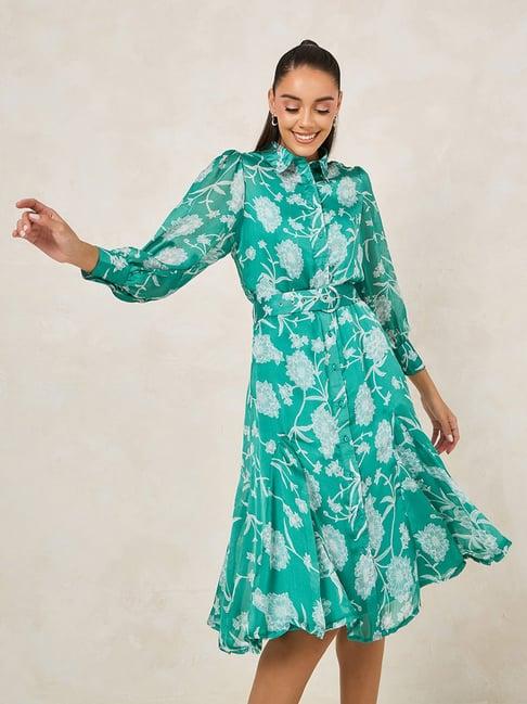 styli green floral print shirt dress with belt