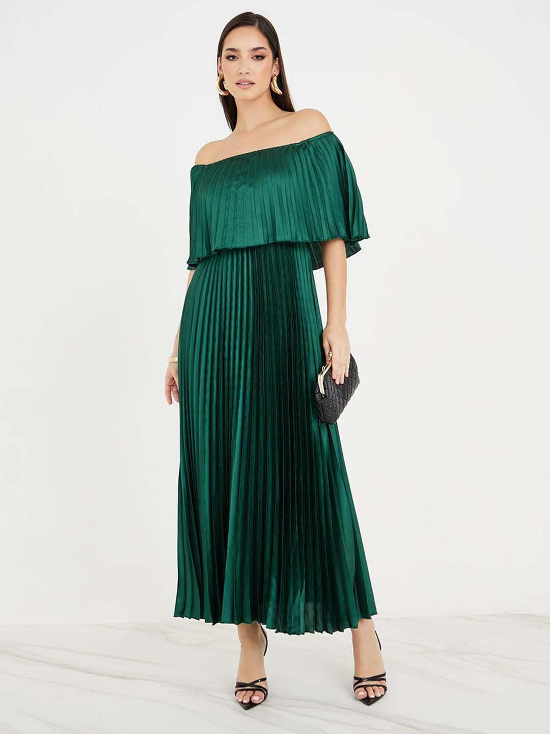 styli green off shoulder accordion pleats a line maxi dress