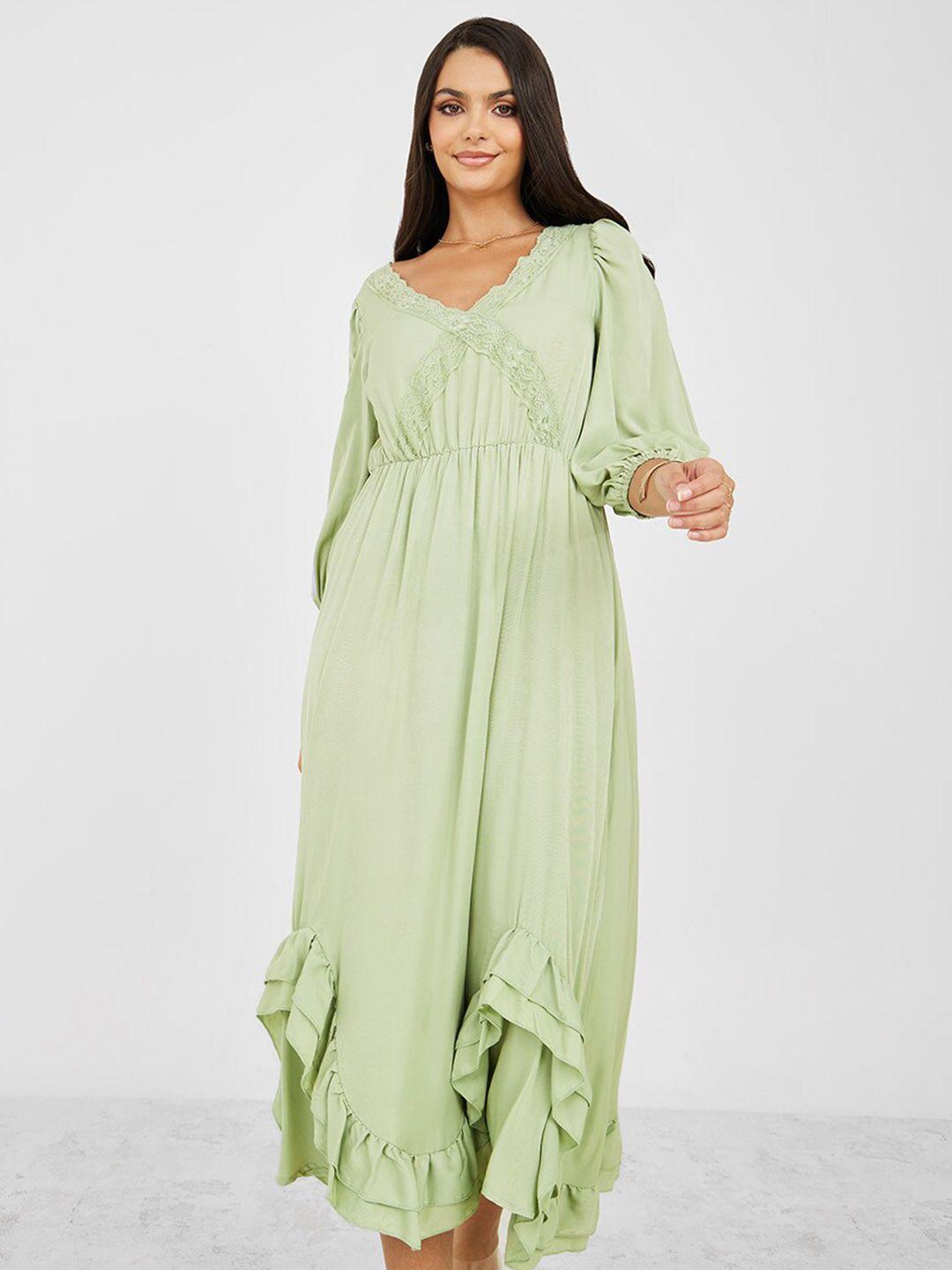 styli green puff sleeve fit & flare midi dress