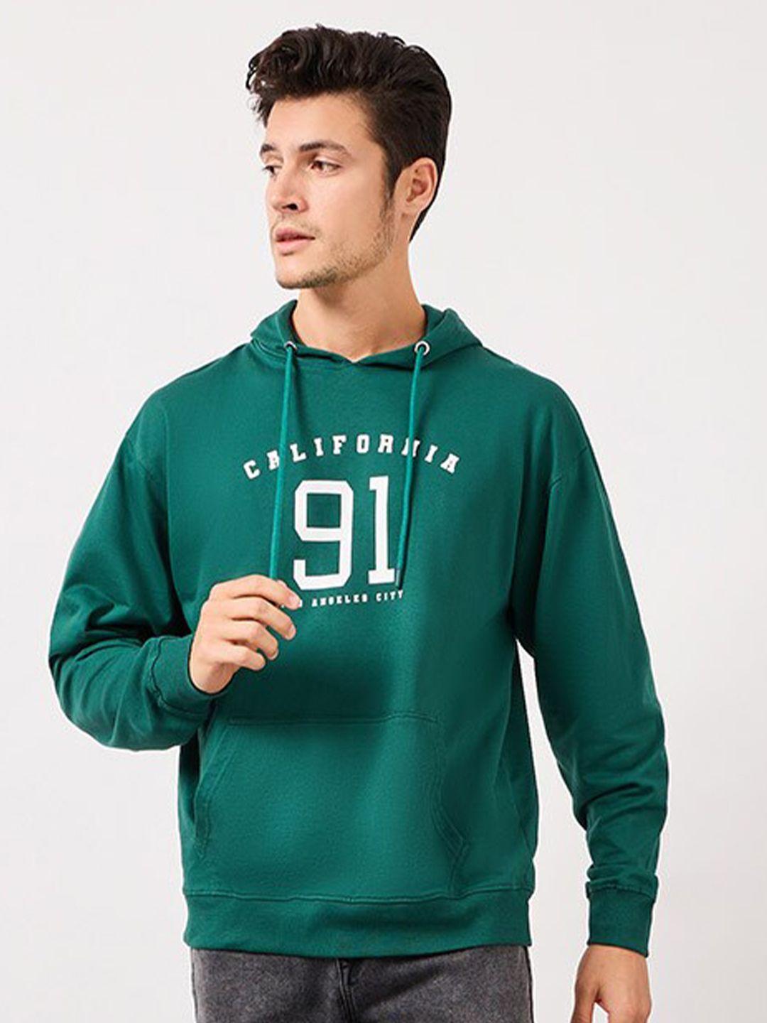 styli green varsity printed hooded relaxed fit pure cotton pullover sweatshirt