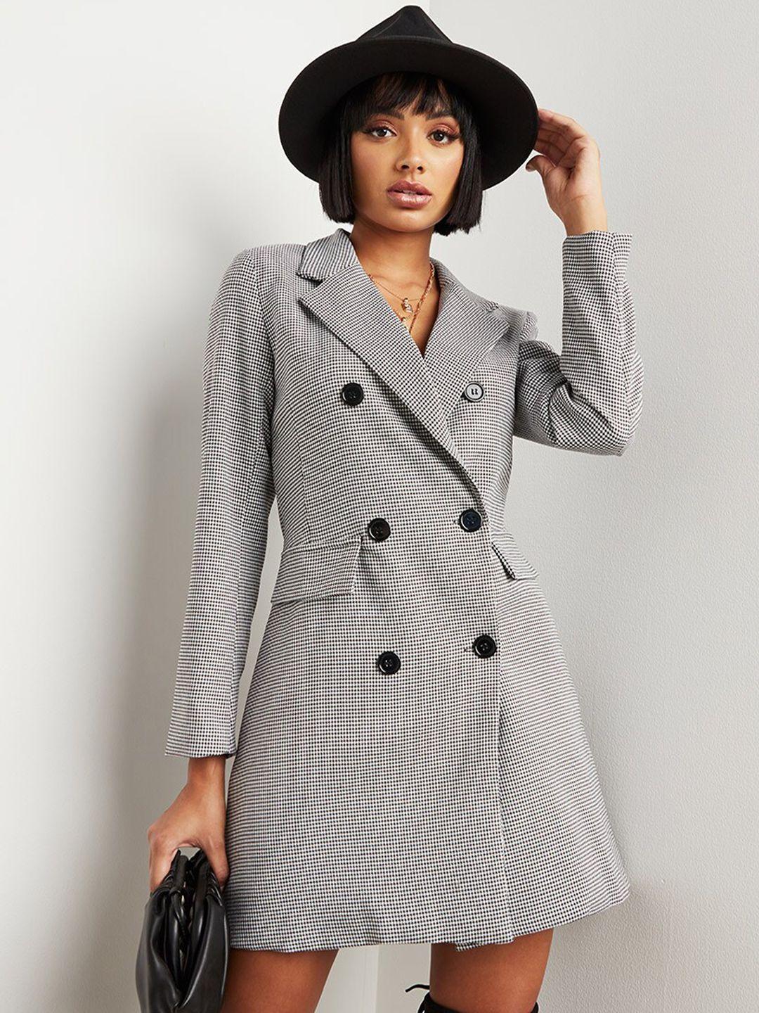 styli grey contrast button detail gingham checked blazer mini dress