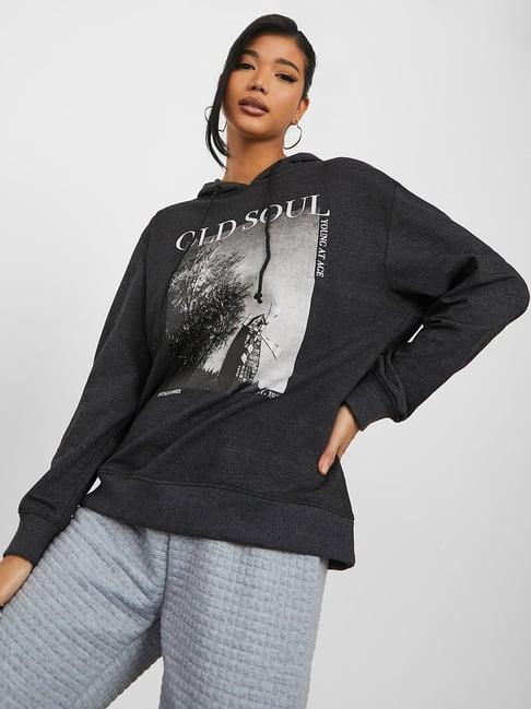 styli grey cotton printed hoodie