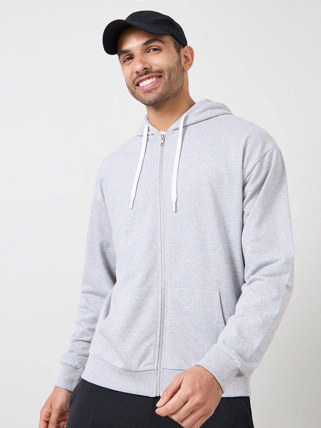 styli grey hooded long sleeves relaxed fit front-open sweatshirt