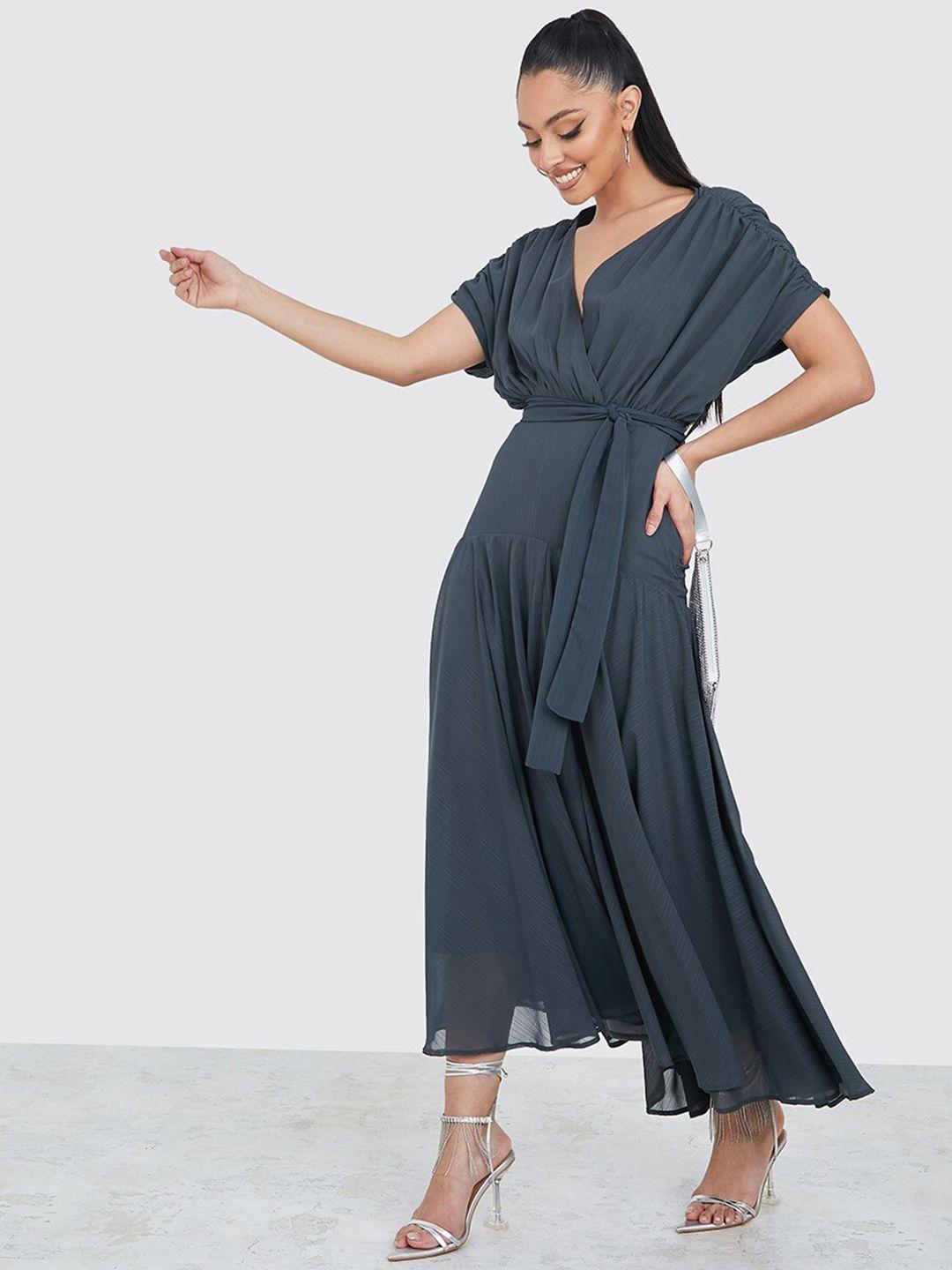 styli grey kimono sleeves flared wrap maxi dress