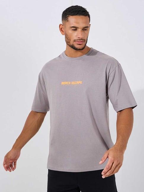 styli grey relaxed fit printed oversized crew t-shirt