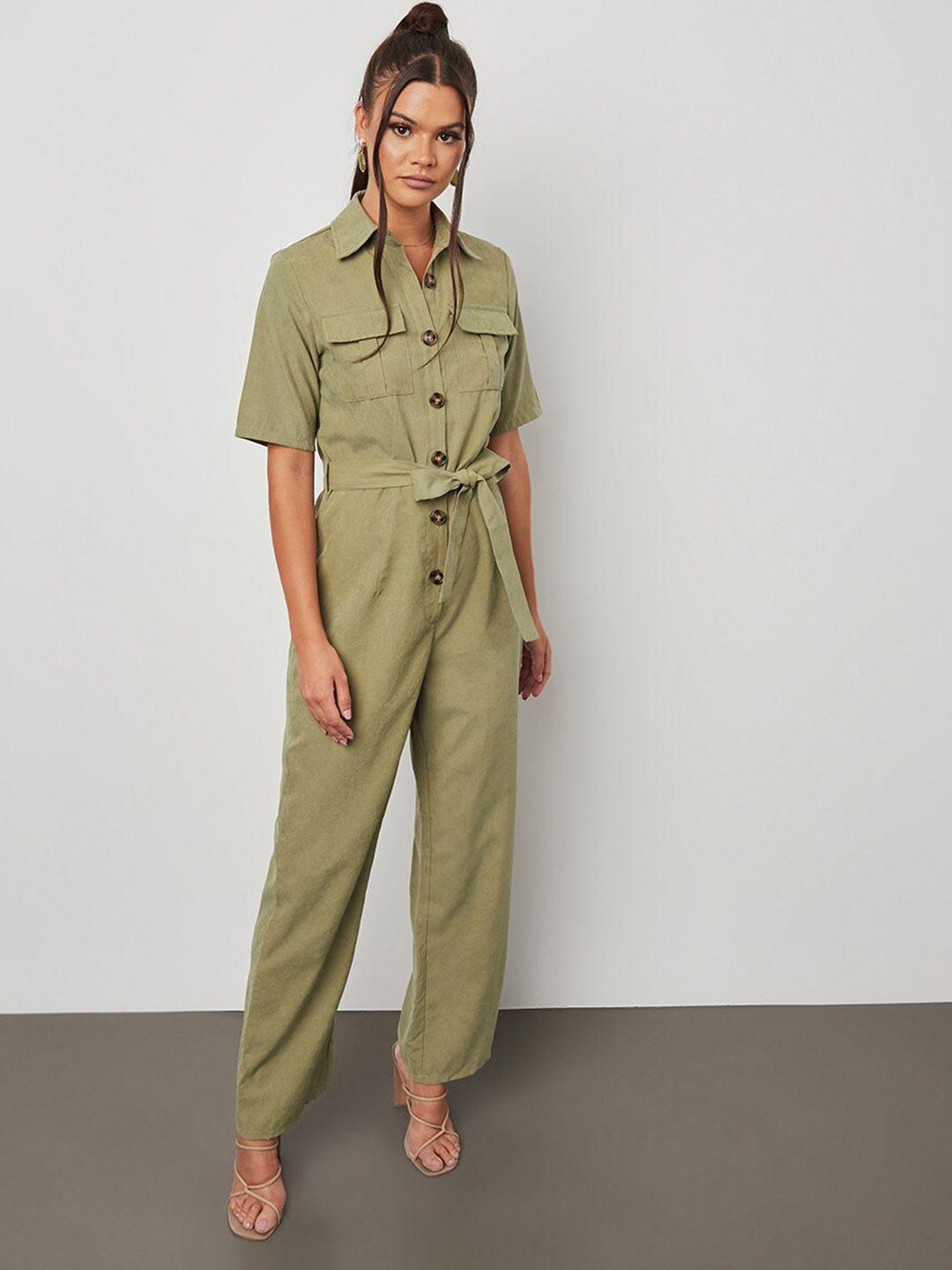 styli khaki collared neck straight leg jumpsuit with short sleeves