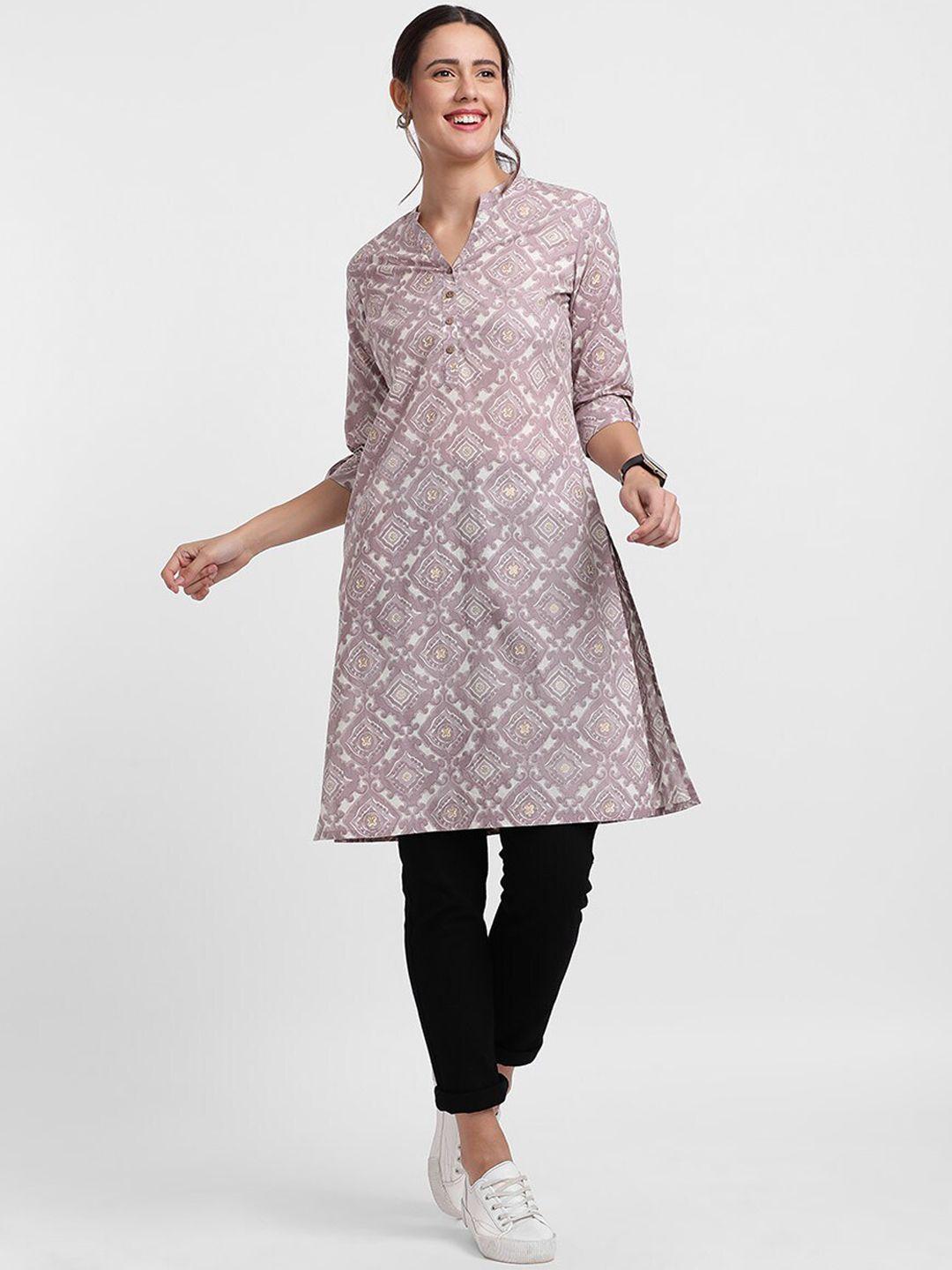 styli lavender ethnic motifs ikat printed mandarin collar roll-up sleeves cotton kurta