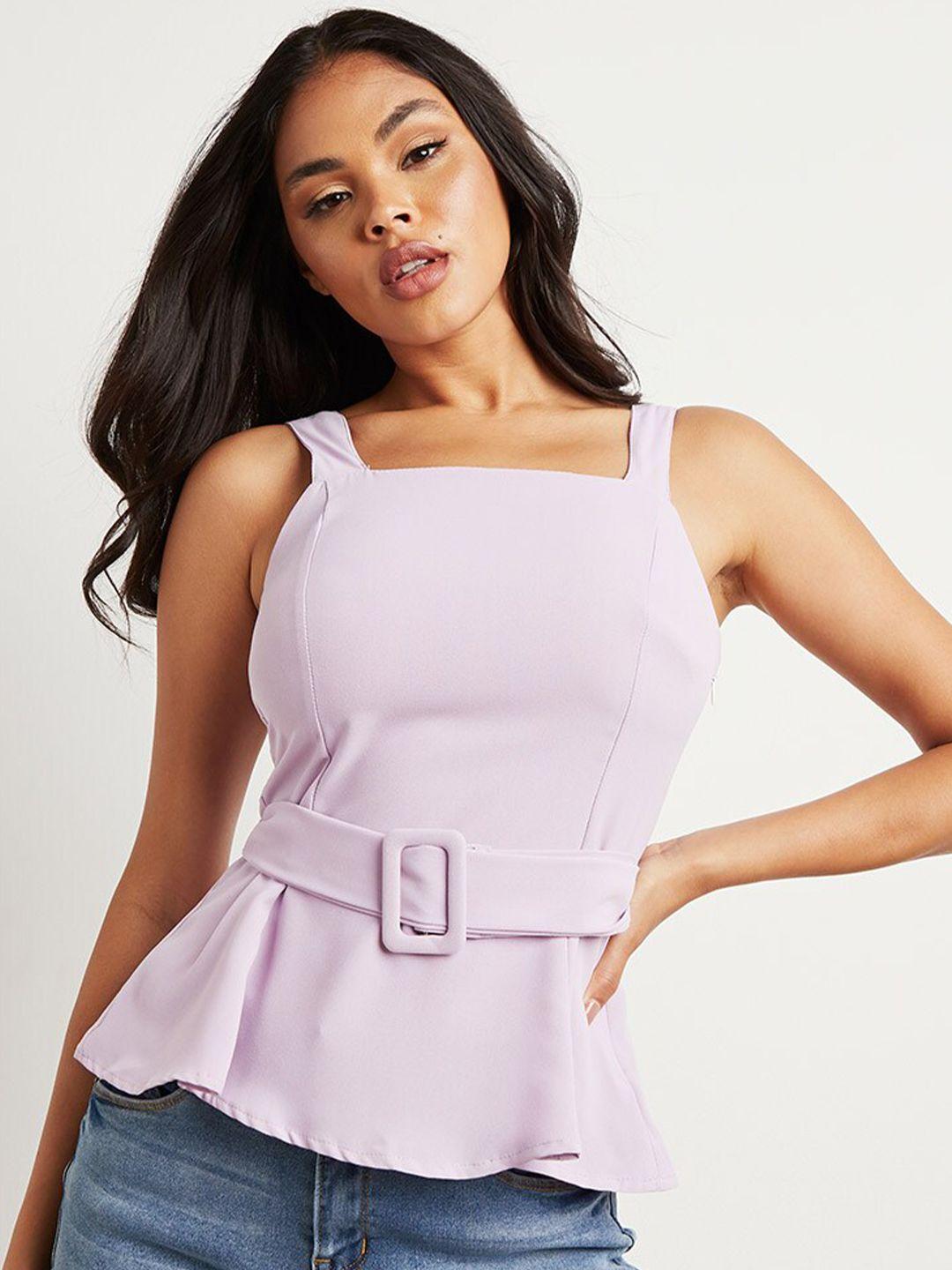 styli lavender solid square neck belted top