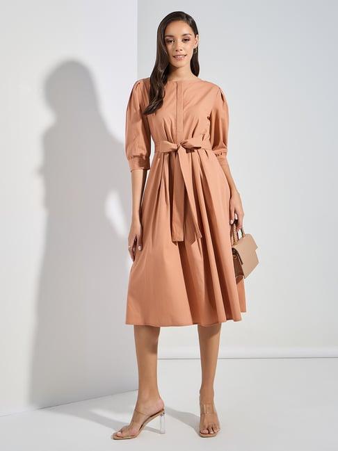 styli light brown regular fit midi dress