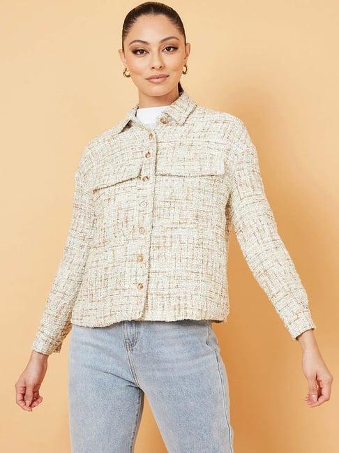 styli long sleeves tweed jacket with button closure