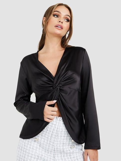 styli long sleeves v neck front knot detail satin blouse