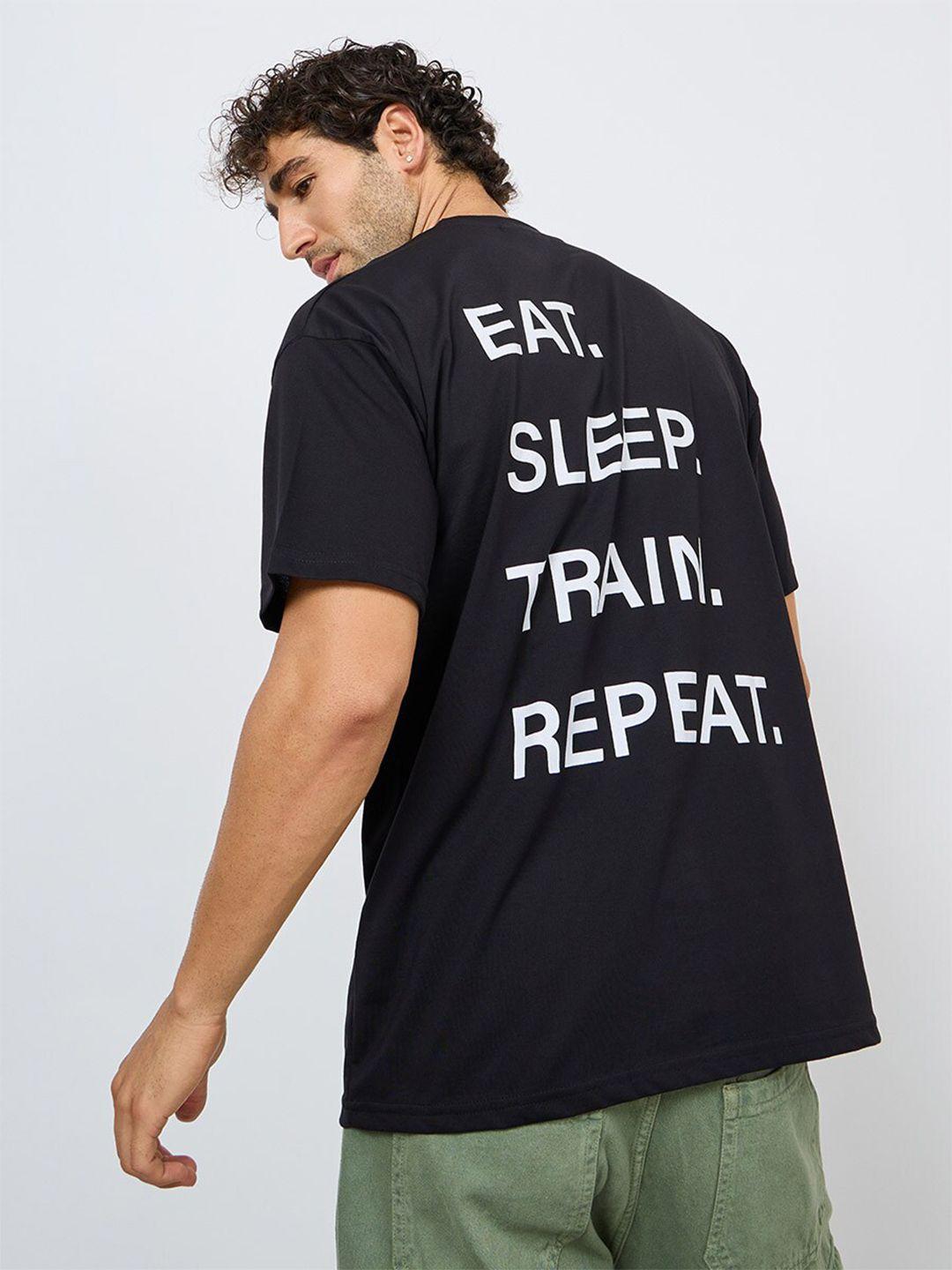 styli men black typography printed raw edge t-shirt